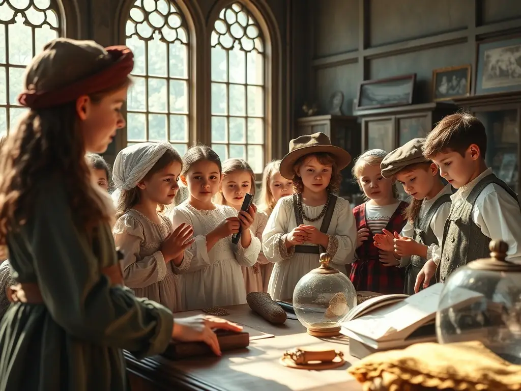 A vibrant photograph capturing children actively participating in a historical reenactment workshop at the AMED ASS MUSEE DE L'ECOLE PUBLIQUE, showcasing hands-on learning and engagement with history.