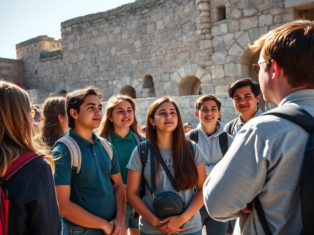 A photograph of visitors on a guided tour of the museum, listening attentively to a museum guide in front of a historical classroom exhibit.