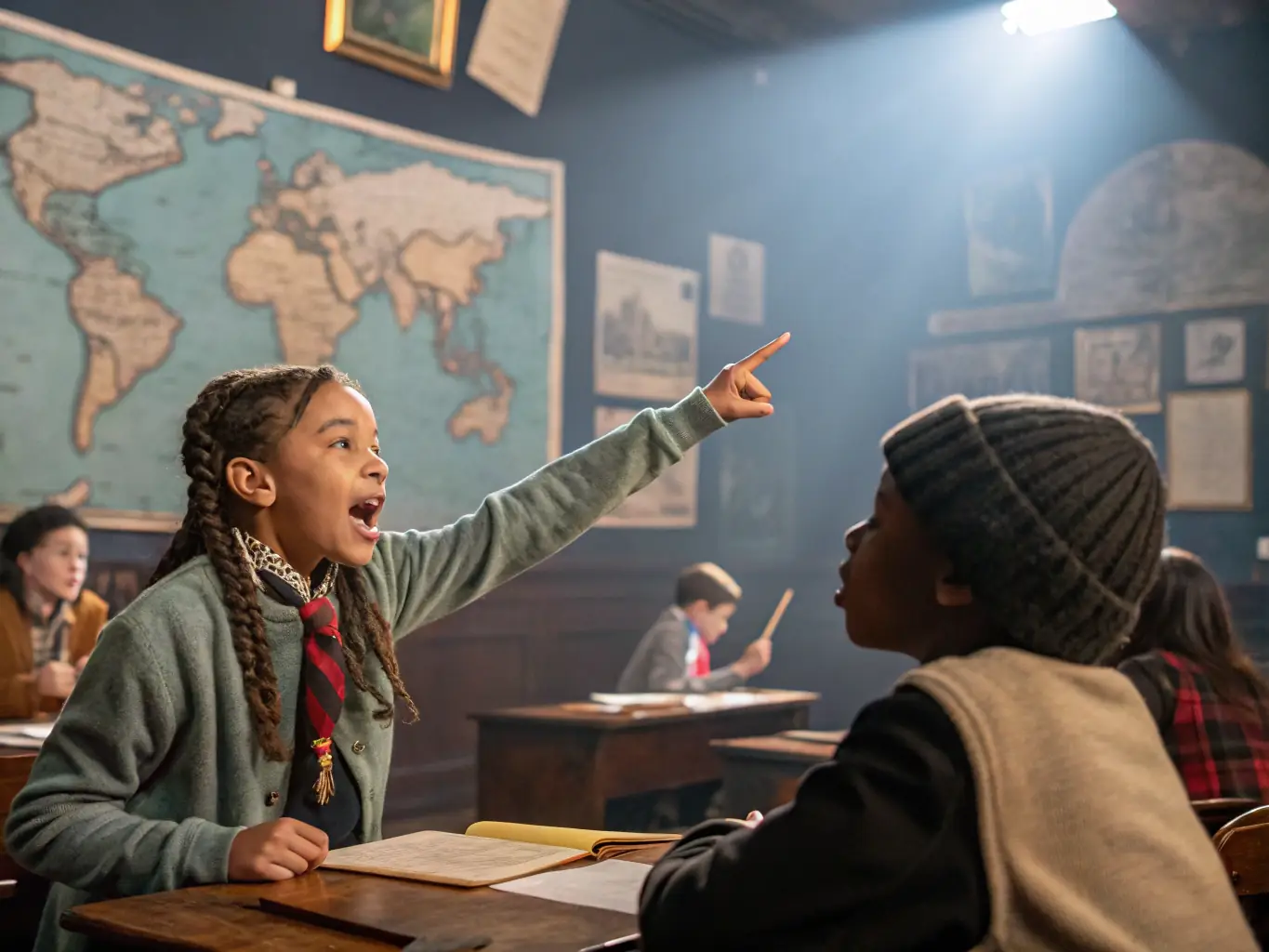 A scene from a special event at AMED ASS MUSEE DE L'ECOLE PUBLIQUE, showcasing a historical reenactment of a classroom scene from the early days of public education.