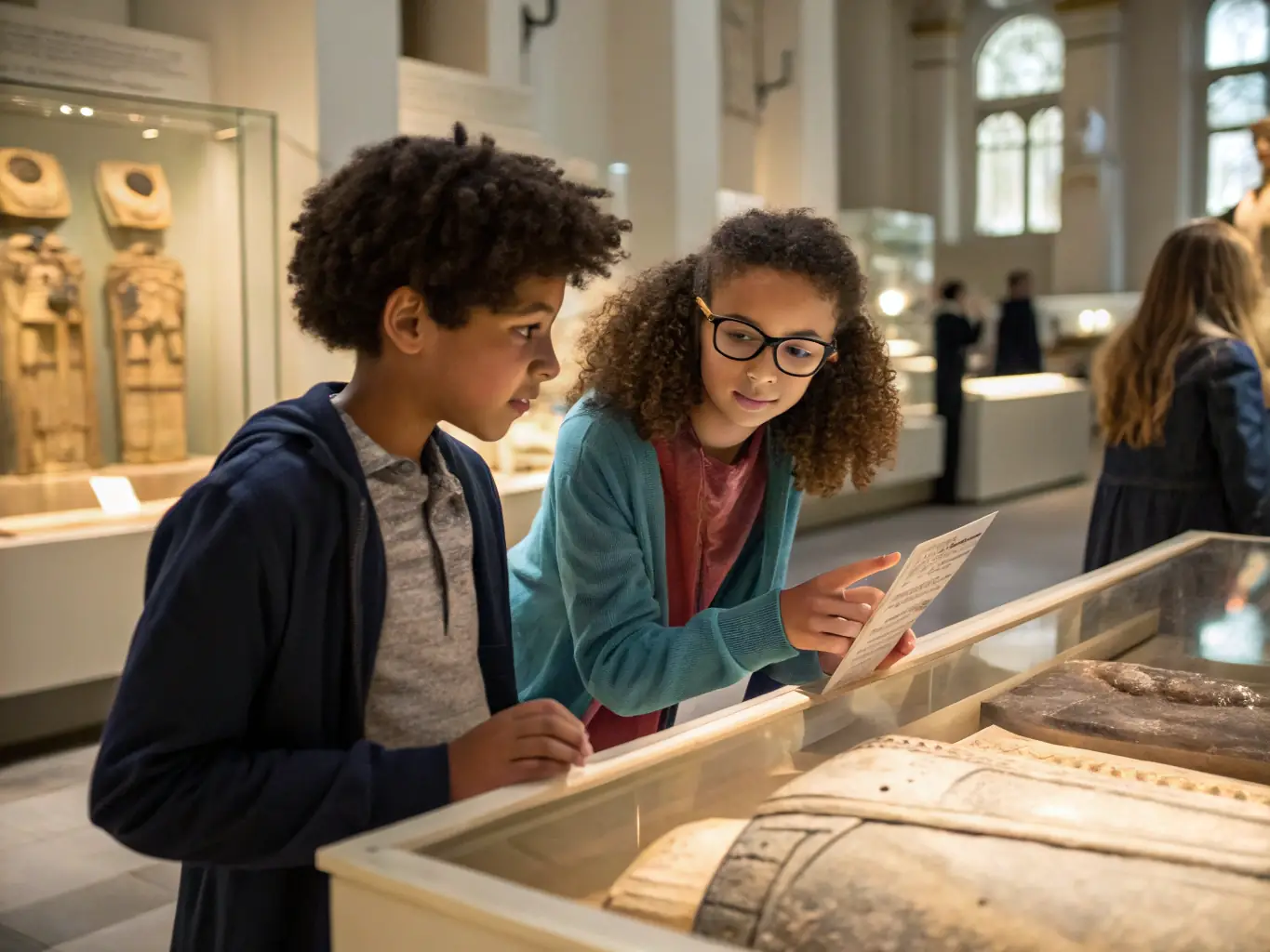 A group of children actively participating in a hands-on history workshop at AMED ASS MUSEE DE L'ECOLE PUBLIQUE, surrounded by historical artifacts and educational materials.