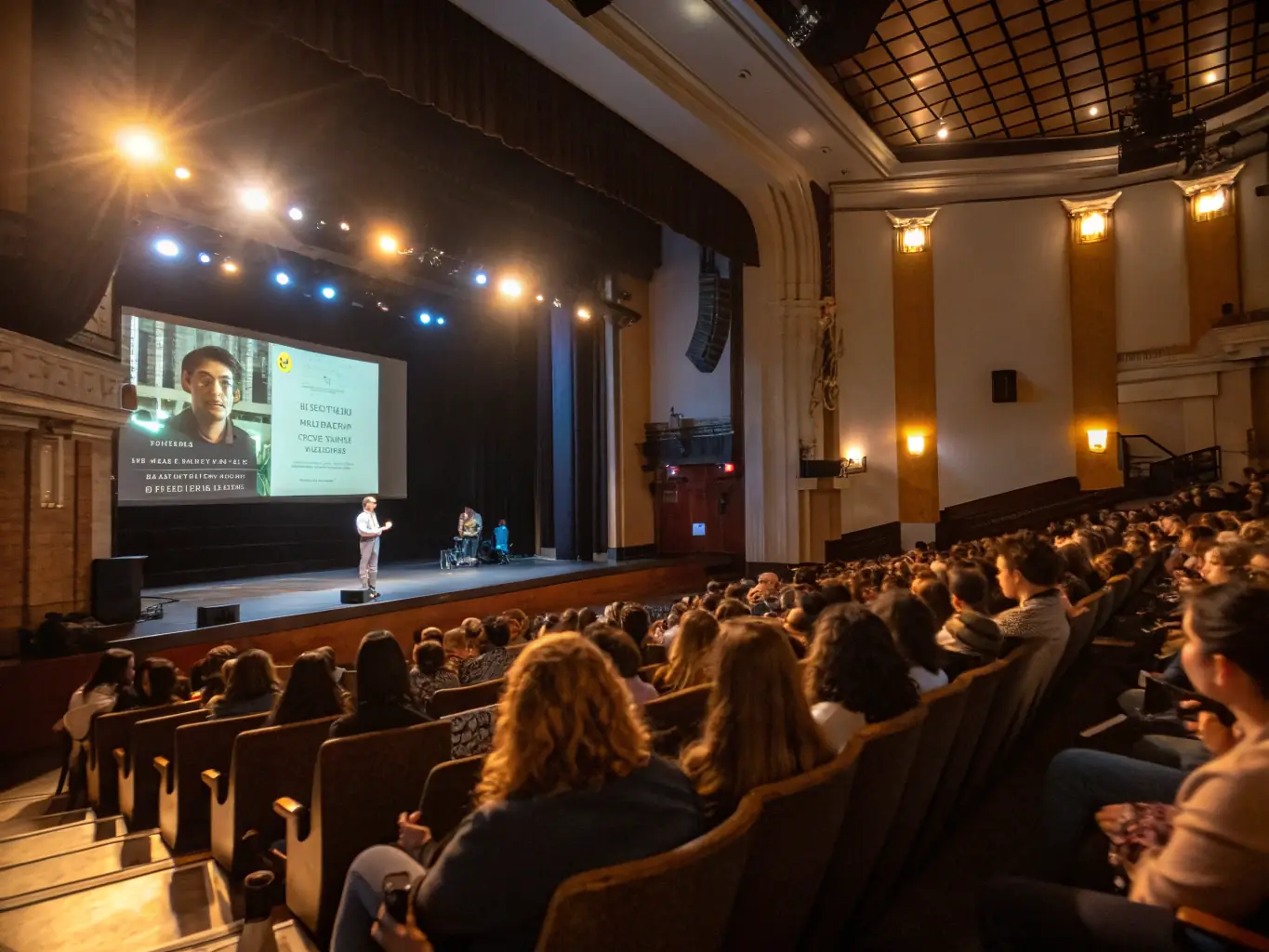 A scene from a special event at the museum, featuring a guest speaker presenting on the history of education reform to an engaged audience.