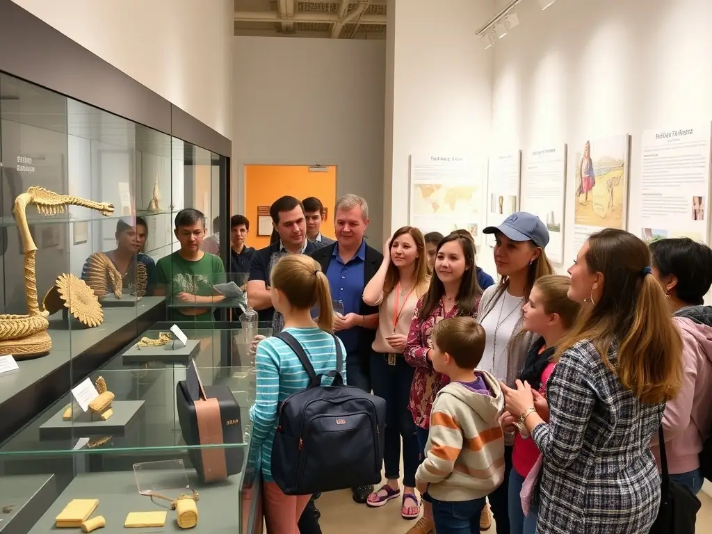 A photograph of visitors on a guided tour of AMED ASS MUSEE DE L'ECOLE PUBLIQUE, listening attentively to a museum guide explaining the significance of a historical exhibit.