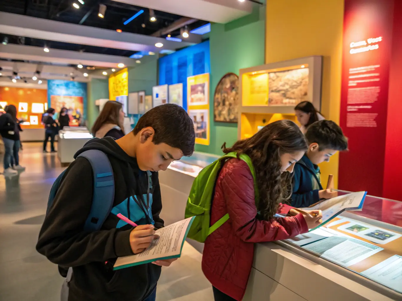 A photograph of a museum educator leading a guided tour for a group of students through an exhibition at the AMED ASS MUSEE DE L'ECOLE PUBLIQUE, emphasizing the museum's role in providing accessible learning resources.